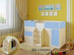 Кровать-чердак Малыш-4 Дуб молочный/Голубой в Бородино - borodino.katalogmebeli.com | фото 1