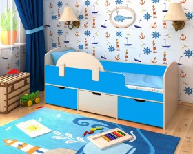 Кровать Малыш-мини с бортиком Дуб молочный/Голубой в Бородино - borodino.katalogmebeli.com | фото 1