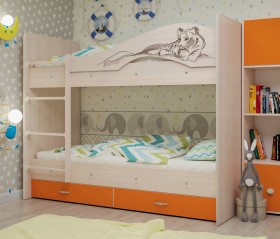 Кровать Мая-Сафари двухъярусная с ящикамиМлечный дуб/Оранжевый в Бородино - borodino.katalogmebeli.com | фото